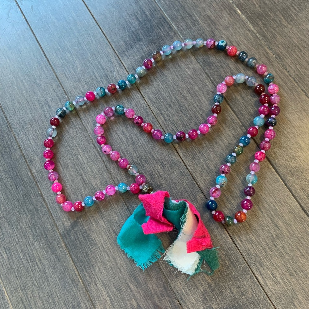 Blue, Pink, and White Multicolour Bohemian Mala with Tassle Pendant
